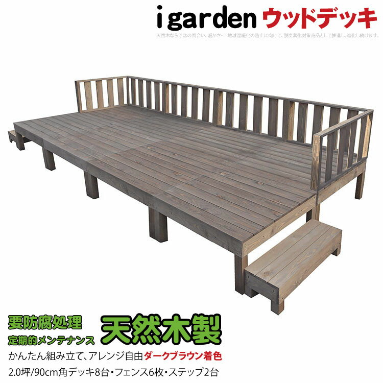 楽天igarden天然木製ウッドデッキ 2.0坪 フェンス＆ステップセット ダークブラウン■ [16点セット] 8d6f2sdb 要防腐処理 N90D| 脱炭素化 低炭素化支援 igardenオリジナル DIY アジャスタ ウッドデッキ