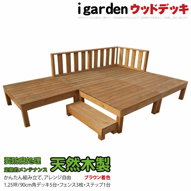 楽天igarden【スーパーセール割引商品】天然木製ウッドデッキ 1.25坪 フェンス＆ステップセット ブラウン□ [9点セット] 5d3f1s 要防腐処理 N90B| 脱炭素化 低炭素化支援 igardenオリジナル DIY アジャスタ