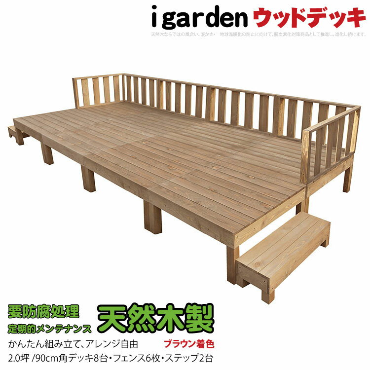 楽天igarden天然木製ウッドデッキ 2.0坪 フェンス＆ステップセット ブラウン□ [16点セット] 8d6f2s 要防腐処理 N90B| 脱炭素化 低炭素化支援 igardenオリジナル DIY アジャスタ ウッドデッキ