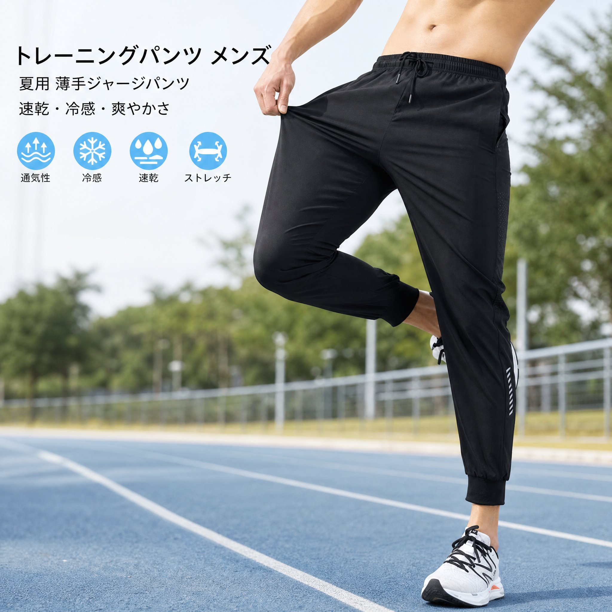 【商品番号】ND041228 素材　　：　95%ポリエステル+5%スパンデックス カラー　：　ブラック、グレー サイズ　：　　M/L/XL/3XL/4XL ご注意： ★測定方法の違いによって、サイズに関して1〜3cmの誤差はあらかじめご了承ください。 ★商品の写真は全て実物を撮影したものです。 撮影時の光線の具合や、ご利用のPC環境によっては色が多少異なって見える場合がございますこと、ご理解をお願いいたします。 【原産国／製造国: 中国】 .メンズ夏用トレーニングパンツは薄手ジャージ素材で速乾性と冷感効果があり、爽やかな着心地を実現。夏用ジャージ下としてスポーツズボンやランニングジャージに最適です。ジムやアウトドア、フィットネスに向けたゆったりストレッチ仕様で大きいサイズも展開。吸汗通気性やメッシュ素材で快適なクール感を提供。スポーツウェア、運動用パンツ、軽量ドライ、裾リブ付きでフィット感も抜群。夏の運動やトレーニングにおすすめのスポーツトレーニングパンツです。。 指定された配送時間は承っておりません。【イグノライツ】