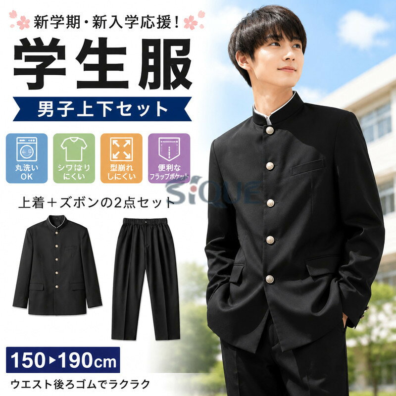 学生服 男子 制服 ボーイズ 学ラン ズボン 上下セット ラウンド襟 丸洗い 詰襟 上...
