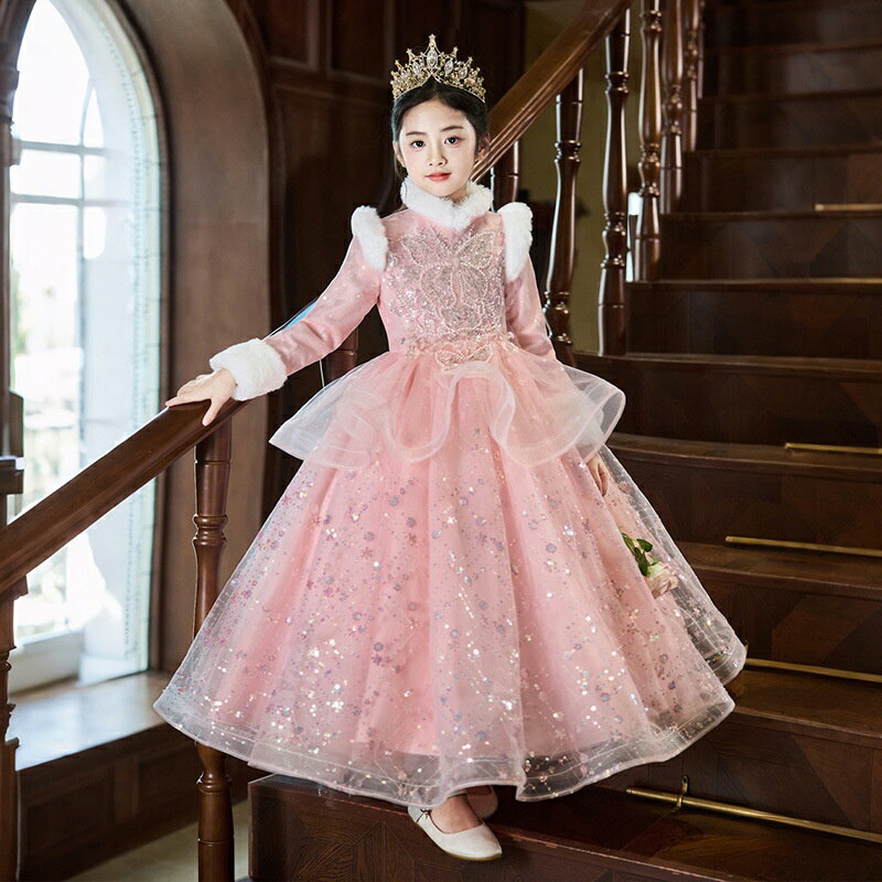 子供ドレス 発表会 ピアノ発表会 結婚式 女の子 冬用 厚手 裏起毛 プリンセスドレス フォーマル ロングドレス 七五三 卒園式 入学式 王冠 スカートシュミーズ 付き 110 120 130 140 150 160cm SUKOYAKA