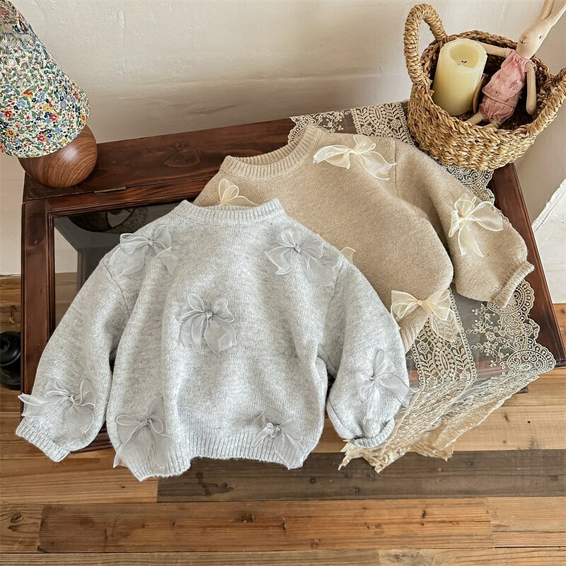 Crew Neck - ニット セーター キッズ 女の子 子供服 韓国風 蝶ネクタイ かわいい 柔らかい コットン 長袖 丸首 秋 春 お出かけ 入学式 卒園式 デイリー ニットセーター ニットトップス SUKOYAKA