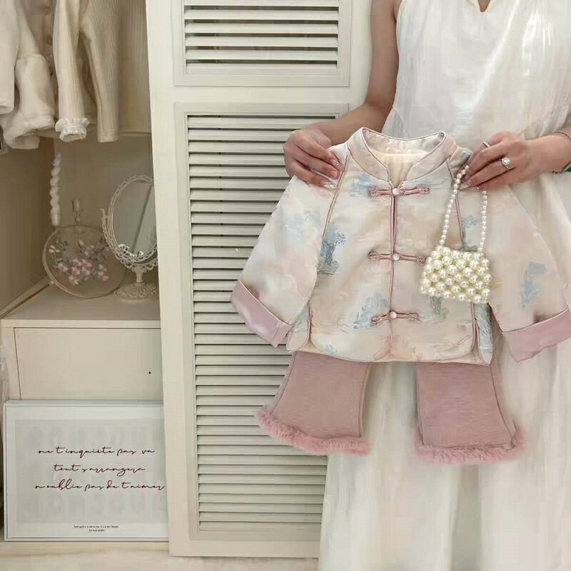 Rakuten - 女の子 服 セット キッズ 子供服 セット 中国風 チャイナドレス 唐装 冬 秋 厚手 暖かい 綿 100 パーセント 長袖 長ズボン 2ピース お正月 七五三 記念写真 衣装 プレゼント ギフト SUKOYAKA