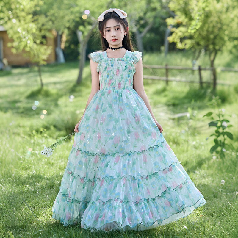 Rakuten - 子供ドレス 女の子 ワンピース キッズ セレモニードレス 発表会 結婚式 レトロ プリント フラワー 綿 混 フリーサイズ 110 160 上品 清楚 ロング 夏 SUKOYAKA