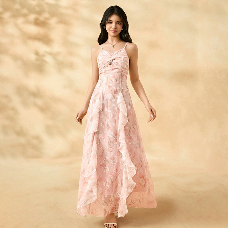 Rakuten - ワンピース レディース ロング シフォン 花柄 フリル バックシャン 半袖 裏地付き 透け感 ふんわり フォーマル カジュアル 卒業式 パーティー お出かけ ティーン 女の子 大きめ フリーサイズ SUKOYAKA