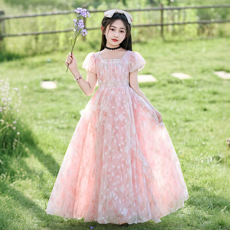Short Sleeves - キッズ ワンピース 女の子 子供服 ジュニア ガールズ ロング フローラル プリント 森ガール 田園風 上品 サマー 春 秋 フリーサイズ 110 120 130 140 150 160 170cm お出かけ 発表会 記念写真 七五三 パーティー SUKOYAKA