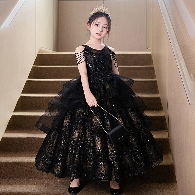 樂天商城 - 子供ドレス 発表会ドレス キッズドレス ピアノ発表会 結婚式 ワンピース フォーマルドレス フリーサイズ 高級感 特別な日 黒 無袖 フリル ロング 女の子 中学生 ジュニア フラワーガール 卒園式 卒業式 演奏会 SUKOYAKA