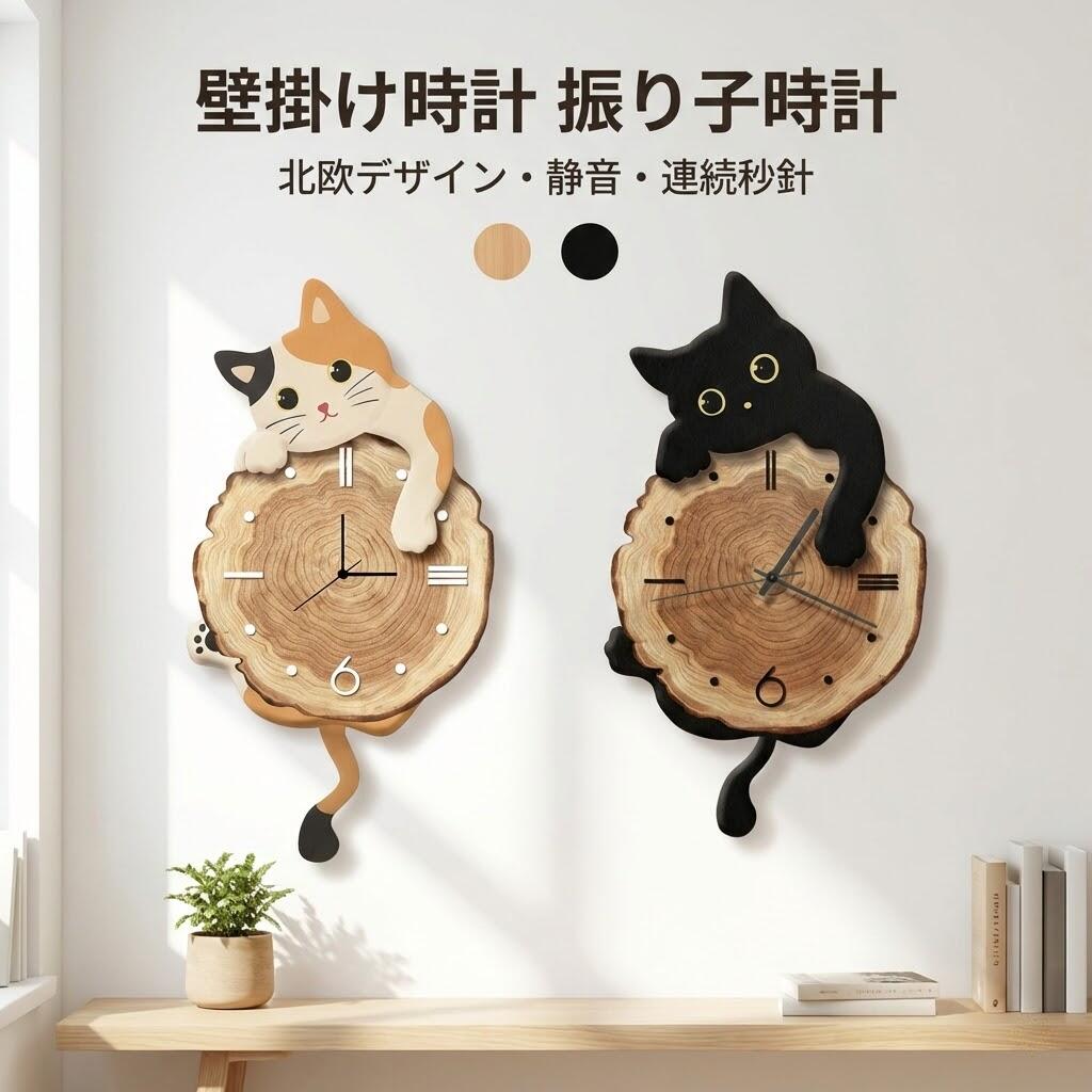 壁掛け時計 振り子時計 北欧 静音 連続秒針 黒猫デザイン ネコ 掛け時計 ウォールクロック 電池付き 新築祝い 引越し祝い プレゼント ギフト 部屋飾り オシ...
