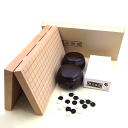 囲碁盤セット 超厚な 新桂10号折碁盤と硬質ガラス碁石新生梅(約8mm厚)と人気の木目調P碁笥銘木大