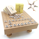 木製将棋盤セット オリジナル押彫根付1個つき 新桂二寸足付将棋盤(厚さ約6cm厚)としっかり太字の木製特選将棋駒桐駒箱入り(裏赤)