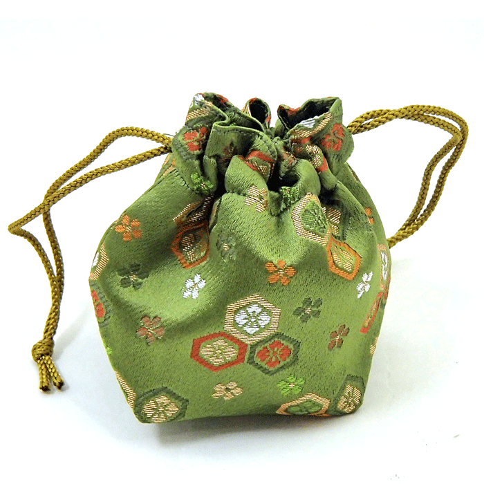 将棋用品 手作り駒袋 萌黄色の地に亀甲模様 西陣織(裏打ち) 青柳(あおやぎ)