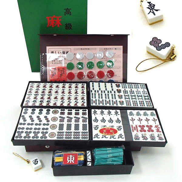 国産手打麻雀牌セット 囲碁ラボオリジナル牌ストラップ1個付 崩れにくい【アール牌】別注天和(黒)カラー点棒付