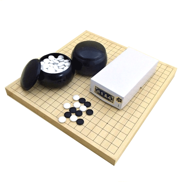 囲碁盤セット ヒバ10号卓上接合碁盤竹と新生梅碁石（約8mm厚）とP碁笥黒大