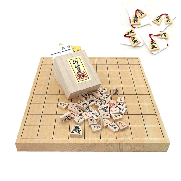 木製将棋セット オリジナルP製根付2個つき 芳香と木目の美しい国産桧（ヒノキ）1寸卓上接合将棋盤と優良押し将棋駒（桐駒箱入り）