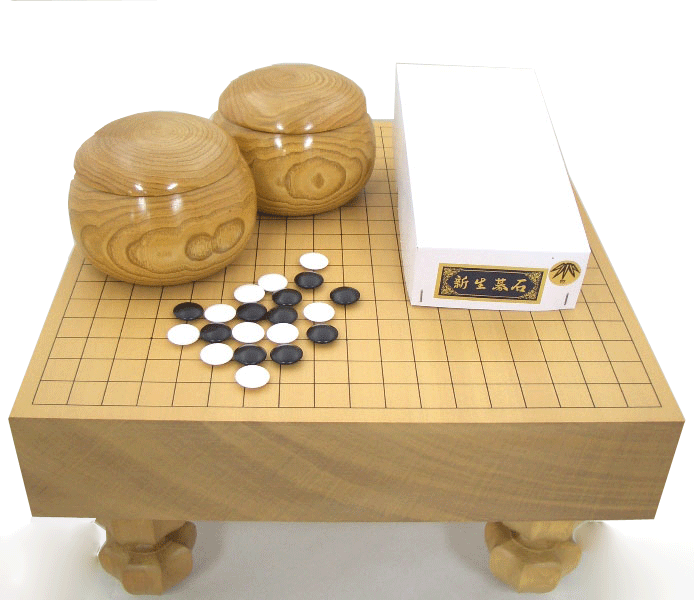 高級囲碁盤セット　新桂3寸一枚板足付碁盤と硬質ガラス新生竹碁石（約9mm厚）と木製手作り碁笥栗大