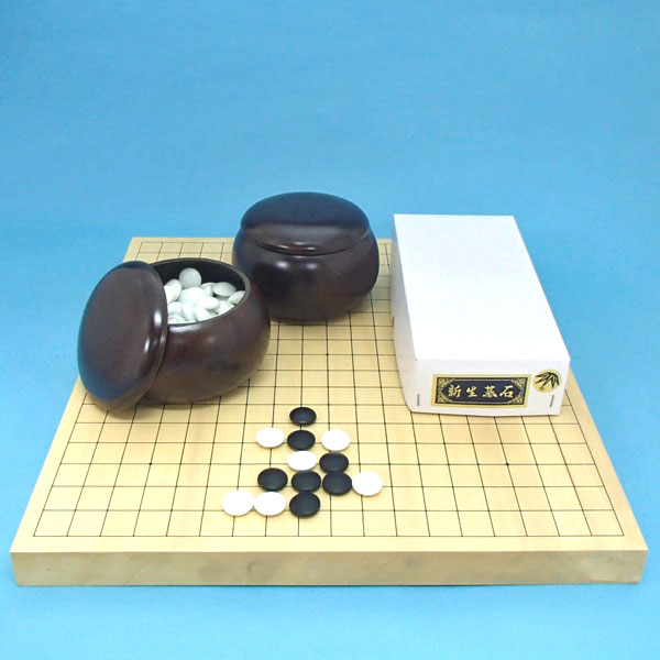 囲碁盤セット ヒバ10号卓上接合碁盤竹と硬質ガラス碁石新生竹（約9mm厚）とP碁笥銘木大