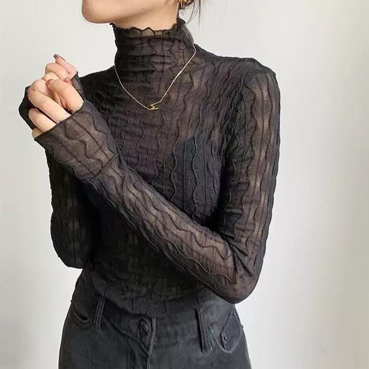 Rakuten - ＼全品最大50%OFFクーポン 9日20時〜／レーストップス トップス シアー ハイネック シアートップス レースインナー シアーインナー インナー デザインインナー ブラトップ 透け感 長袖 紫外線対策 日焼け対策 春 夏 トップス 【メール便送料無料】