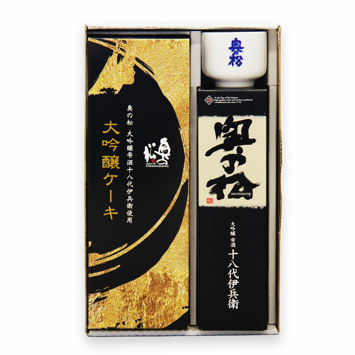 奥の松を代表する銘酒が入った飲み比べセット。 ◆飲酒は20歳から！未成年者への酒類の販売は固くお断りしています。 【大吟醸雫酒十八代伊兵衛】 内容量 180ml 酒質 大吟醸 アルコール度数 17度 日本酒度 +3.0 精米歩合 40% 保存方法 常温 味わい(甘辛度) ふくよかで芳醇な香り/辛口でやや淡麗 飲み頃温度 冷や、常温 原材料名 米(国産)、米こうじ(国産)、醸造アルコール 【大吟醸ケーキ】 内容量 300g 保存方法 常温 原材料名 鶏卵(国産)、砂糖、小麦粉、清酒、焼酎、マーガリン、ショートニング、水あめ/乳化剤、膨張剤、香料、(一部に小麦、卵、乳成分・大豆を含む) 賞味期限 商品ラベルに記載（製造から180日） 開封後は早めにお召し上がり下さい 商品説明 こちらの商品にはアルコールが約3%含まれております。妊娠、授乳中の方、運転される方、お子様はお控えください。 【ぐい呑】 容量 45ml（2.5勺） 飲み口サイズ 幅50mm、高さ43mm 材質 陶器奥の松の代表酒「十八代伊兵衛」をたっぷり使ったパウンドケーキと 小瓶の大吟醸雫酒（180ml）に、ぐい呑（容量45ml）を添えた、贈り物にぴったりの上質なギフトセットです。 ■内容量180ml ■容量45ml
