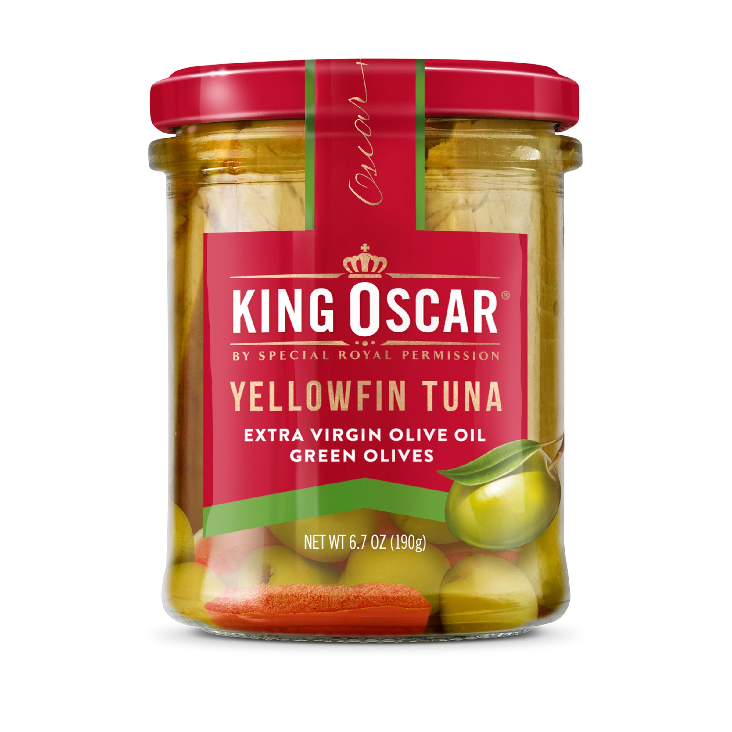 King Oscar キハダマグロ 瓶詰 【 iHerb アイハーブ 公式 】 キングオスカー ツナ グリーンオリーブ入り エキストラバージン オリーブオイル 190g