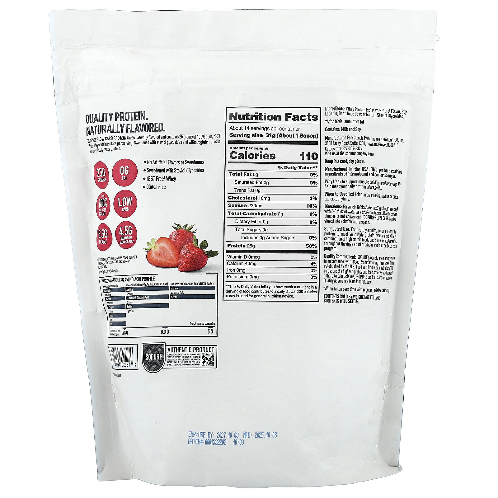 Isopure ローカーボ プロテインパウダー 【 iHerb アイハーブ 公式 】 アイソピュア ホエイ プロテイン アイソレート タンパク質 BCAA グルタミン 低炭水化物 ローカーブ パウダー 粉末 ストロベリー味 454g iherb-official-10011187 iHerb サンプル画像2