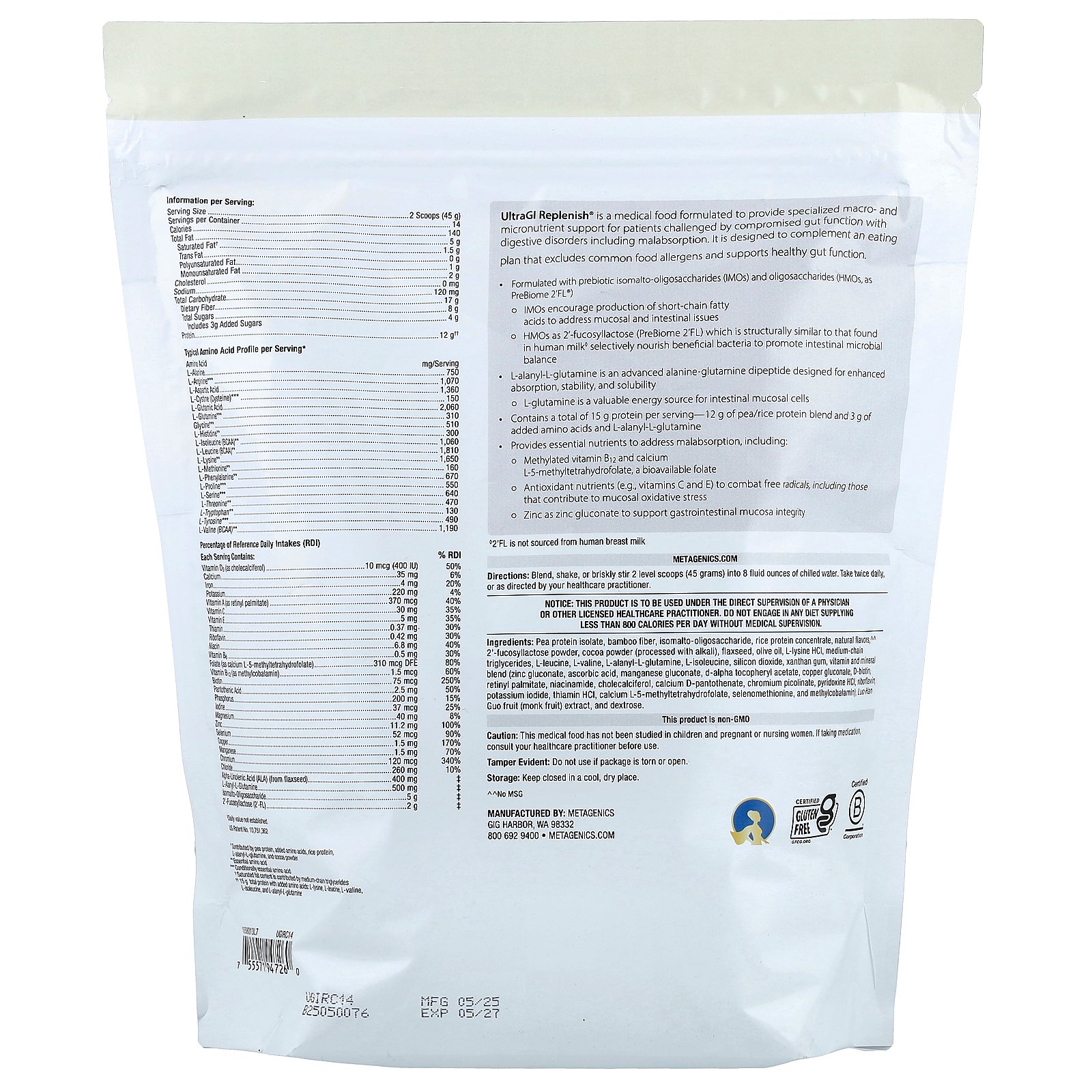 Metagenics ウルトラ GI リプレニッシュ 【 iHerb アイハーブ 公式 】 メタジェニックス UltraGl Replenish プロテイン たんぱく質 ビタミン ミネラル アミノ酸 オリゴ糖 サプリ パウダー 粉末 チョコレート味 630g iherb-official-10005422 iHerb サンプル画像2