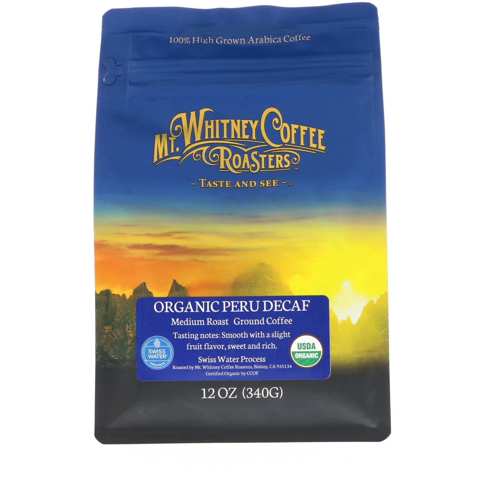 Mt. Whitney Coffee Roasters オーガニック ペルー デカフェ  マウントホイットニーコーヒーロースター ミディアムロースト グラウンドコーヒー アラビカコーヒー100% 340g