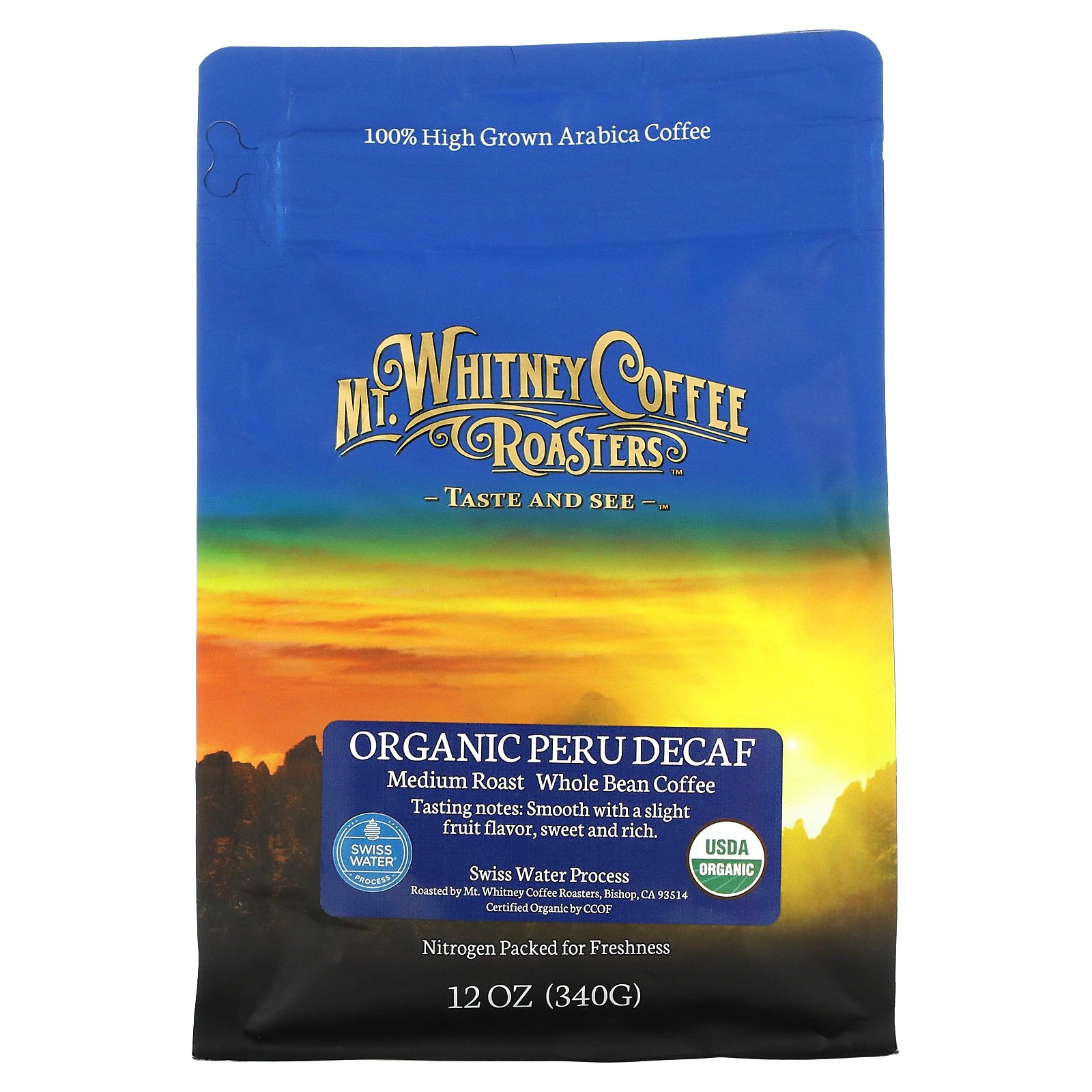 Mt. Whitney Coffee Roasters オーガニック ペルー デカフェ  マウントホイットニーコーヒーロースター ミディアムロースト コーヒー豆 アラビカコーヒー100% 340g