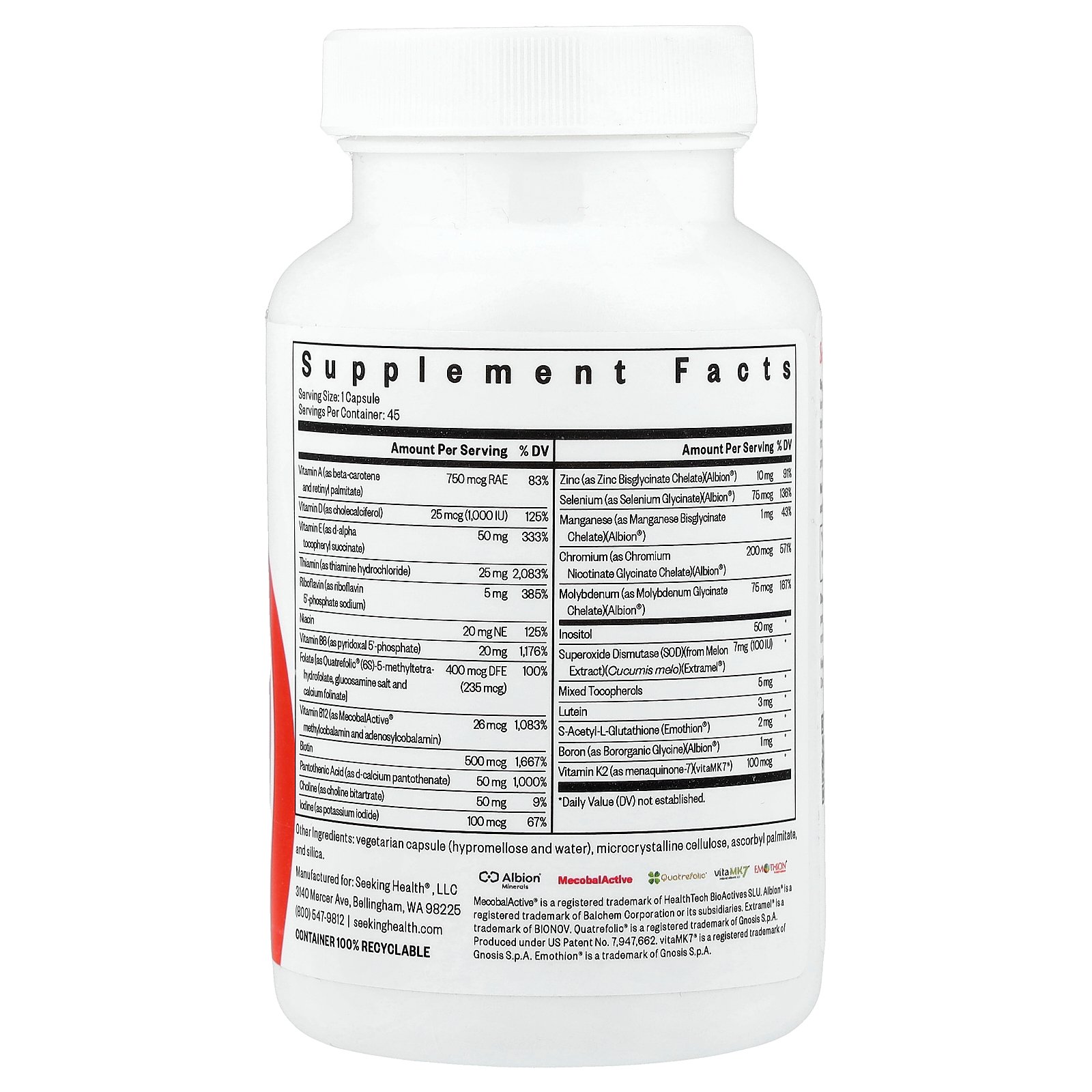 Seeking Health マルチビタミン ワン 【 iHerb アイハーブ 公式 】 シーキングヘルス ビタミン ミネラル 葉酸 ビタミンB12 ルテイン PQQ SOD ビタミン類 ビタミンサプリ サプリメント サプリ ベジカプセル 45粒 iherb-official-10007131 iHerb サンプル画像2