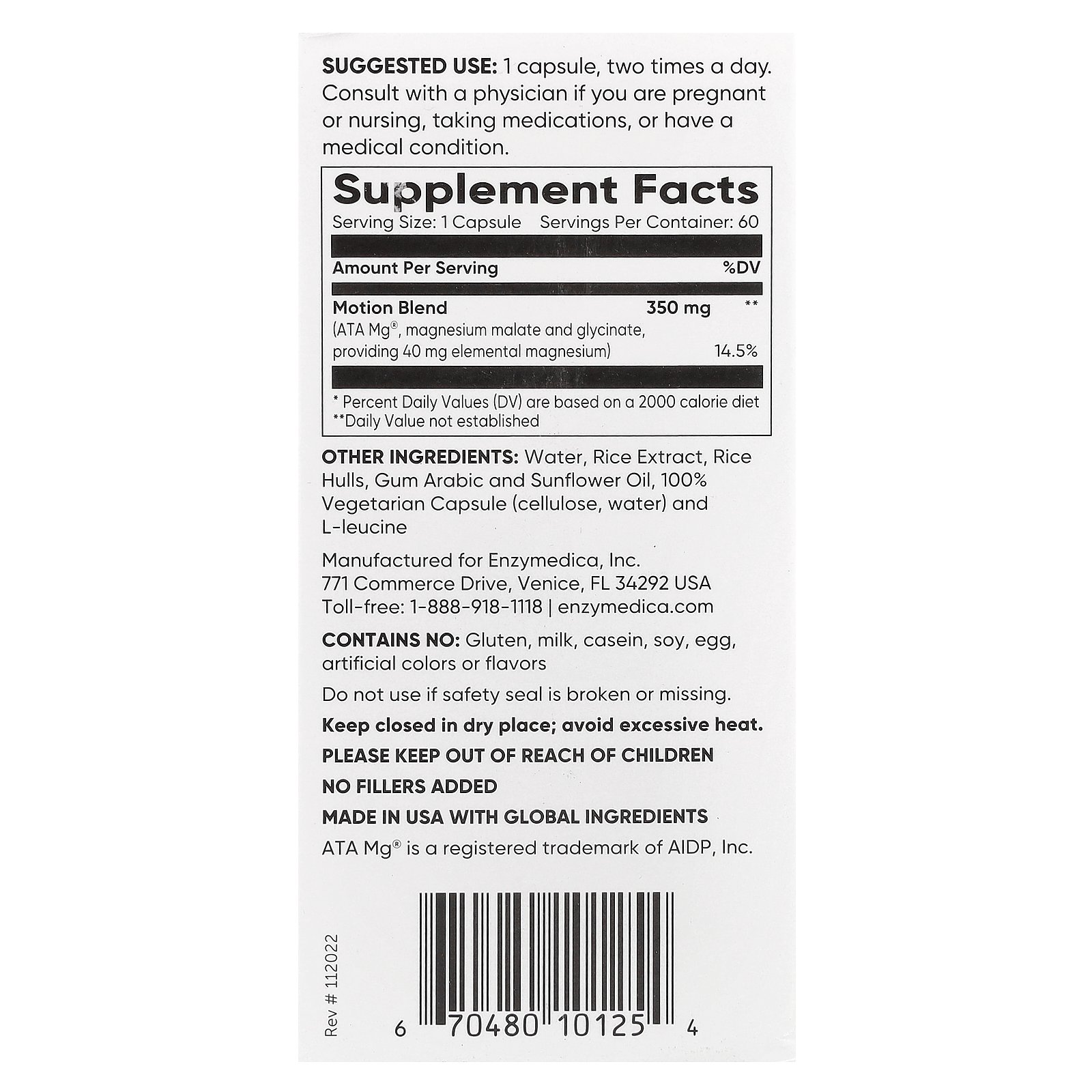 Enzymedica マグネシウム モーション 【 iHerb アイハーブ 公式 】 エンザイメディカ ATA Mg エーティエー エムジー リンゴ酸 グリシン酸 ミネラル サプリメント サプリ カプセル 60粒 iherb-official-10008175 iHerb サンプル画像2