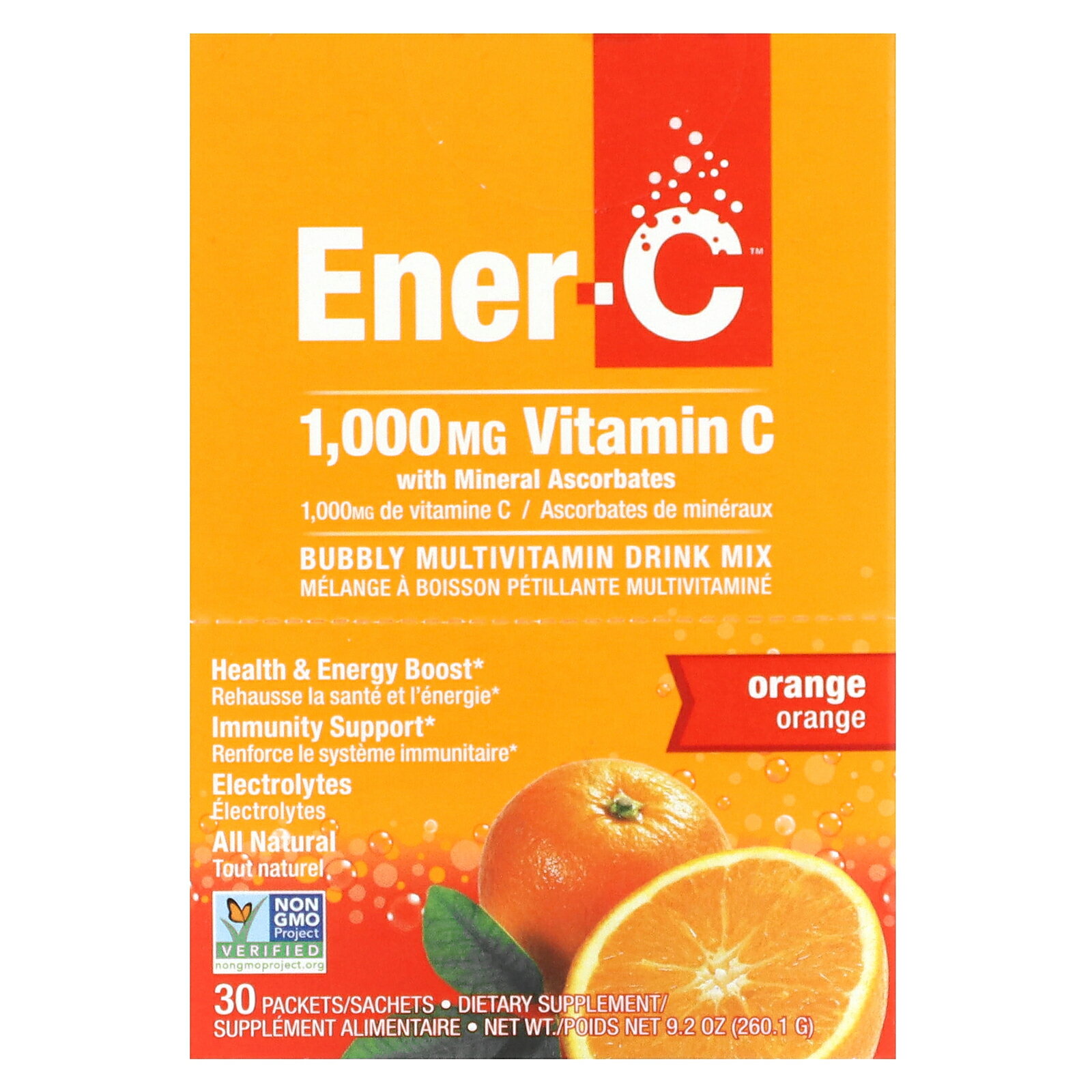 製品仕様 商品名 Ener-C マルチビタミン ドリンクミックス 【 iHerb アイハーブ 公式 】 エナC 発泡性 ビタミンC 1,000mg ビタミン ビタミン類 ビタミンサプリ ミネラル 電解質 サプリ 個包装 パウダー 粉末 オレンジ味 各8.67g 30個 商品説明 - 名称 ビタミン・ミネラル含有食品 原材料 ビタミンC、ビタミンA、ビタミンE、ビタミンB3、ビタミンB6、葉酸、ビタミンB12、パントテン酸、カルシウム、リン、ヨウ素、マグネシウム、亜鉛、マンガン、クロム、カリウム、β-カロチン、サトウキビフルクトース、クエン酸、リンゴ酸、炭酸水素ナトリウム、天然オレンジ果汁粉末、タピオカマルトデキストリン、二酸化ケイ素、グリシン、アスパラギン酸、ケルセチン粉末、酒石酸、システイン塩酸塩、オレンジ果実粉末、羅漢果粉末本製品には大豆が含まれています。 内容量 30個 賞味期限 パッケージに記載 保存方法 高温多湿を避けて保存してください。 商品区分 健康食品（海外製） 生産国 アメリカ 製造者 Pauling Labs Inc. USA4550 Birch Bay, Lynden Road PMB 118, Blaine, 98230 USA 輸入者 本商品は個人輸入商品のため、購入者の方が輸入者となります。 広告文責 iHerb19516163600