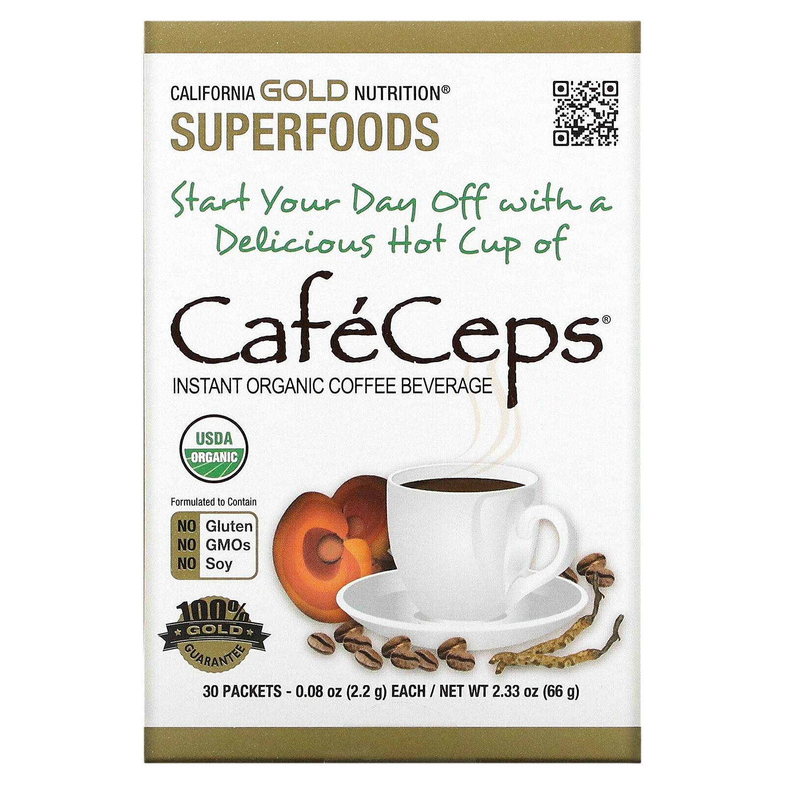 California Gold Nutrition カフェセップス  カリフォルニア ゴールド ニュートリション スーパーフーズ インスタント コーヒー オーガニック 有機 冬虫夏草 霊芝 個包装 各2.2g 30個