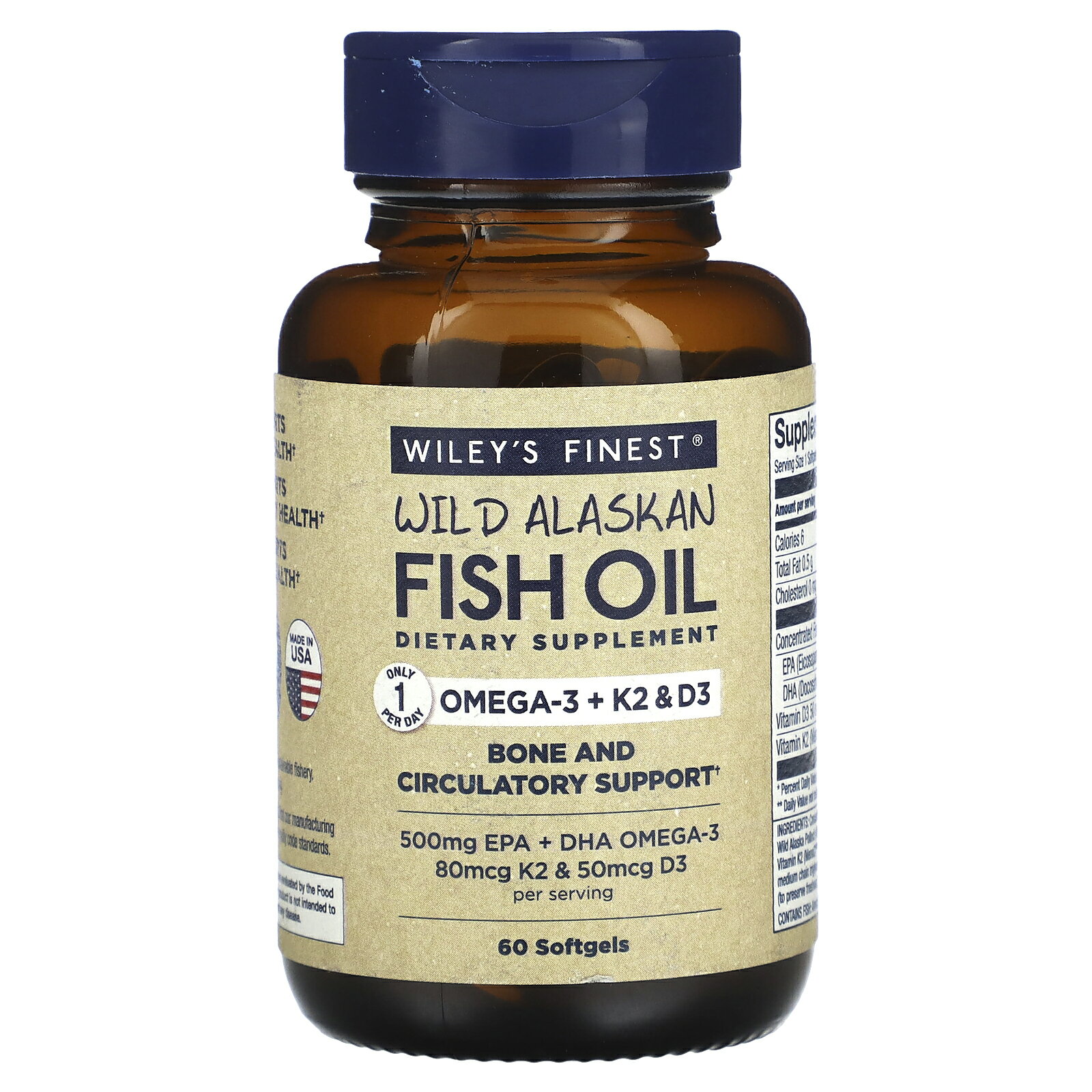 製品仕様 商品名 Wiley's Finest フィッシュオイル ビタミンK2 & D3 配合 【 iHerb アイハーブ 公式 】 ワイリーズファイネスト ワイルド アラスカン アラスカ産 天然 オメガ3 脂肪酸 EPA DHA ビタミン K D サプリ ソフトジェル 60粒 商品説明 - 名称 DHA・EPA含有精製魚油加工食品 原材料 天然スケトウダラ油由来の濃縮オメガ3エチルエステル、魚ゼラチン、グリセリン、精製水、ビタミンK2、ビタミンD3、混合トコフェロール（鮮度保持のため）本製品には、魚（スケトウダラ）が使用されています。砂糖、グルテン、デンプン、酵母、小麦、乳製品、合成香料、人工着色料、ナッツ類、貝類、大豆、トウモロコシは使用されていません。 内容量 60粒 賞味期限 パッケージに記載 保存方法 高温多湿を避けて保存してください。 商品区分 健康食品（海外製） 生産国 アメリカ 製造者 Wiley's Finest, Llc545 Walnut St., Coshocton, 43812 USA 輸入者 本商品は個人輸入商品のため、購入者の方が輸入者となります。 広告文責 iHerb19516163600