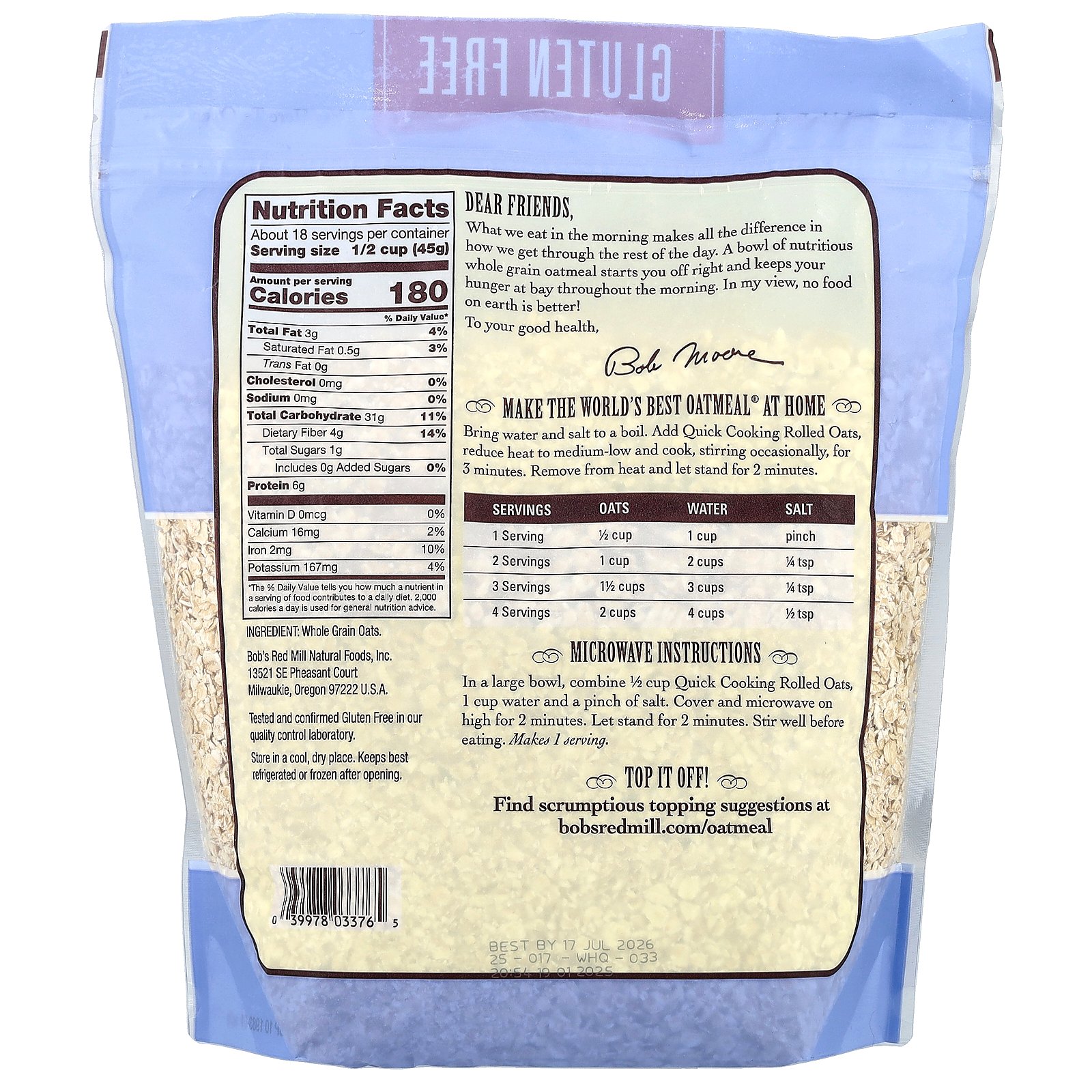 【15%OFFクーポン★4/4 00:00~4/10 01:59】Bob's Red Mill クイック ロールドオーツ 【 iHerb アイハーブ 公式 】 ボブズレッドミル オートミール オート麦 全粒穀物 グルテンフリー 794g