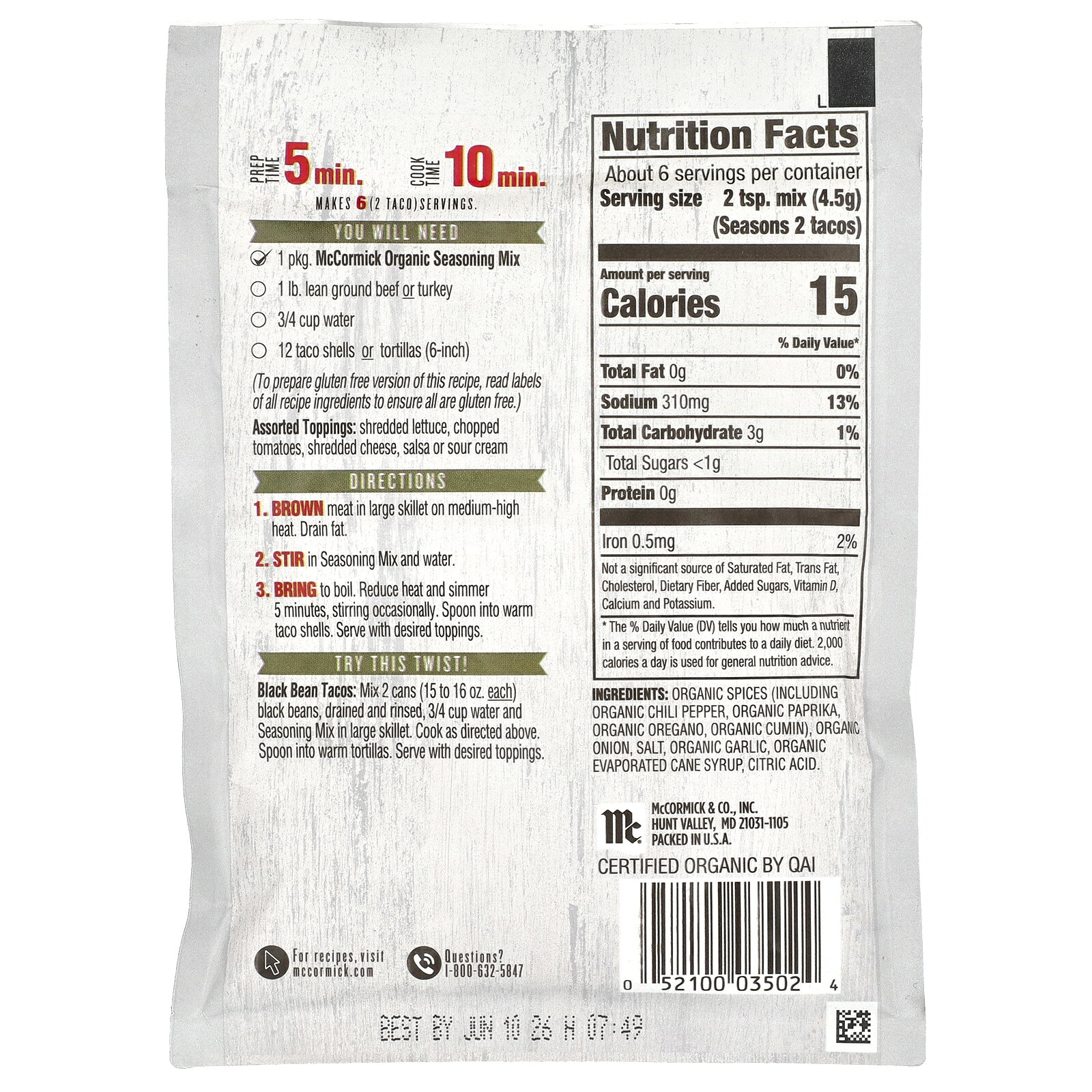【15%OFFクーポン★8/4 20:00~8/11 01:59】McCormick オーガニック タコスミックス 【 iHerb アイハーブ 公式 】 マコーミック タコス スパイス シーズニングミックス 28g iherb-official-10007528 iHerb サンプル画像2