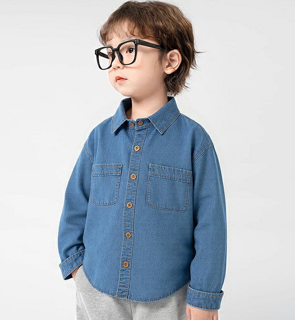IHIMI 楽天市場店の長袖 デニムシャツ ベビーシャツ 子供シャツ デニム シャツ キッズ 男の子 女の子 ジュニア 春秋 おしゃれ カジュアルシャツ フォーマル 綿 コットン 七五三 入学式 誕生日 韓国 ブランド 90cm 100cm 110cm 120cm 130cm｜アングル2