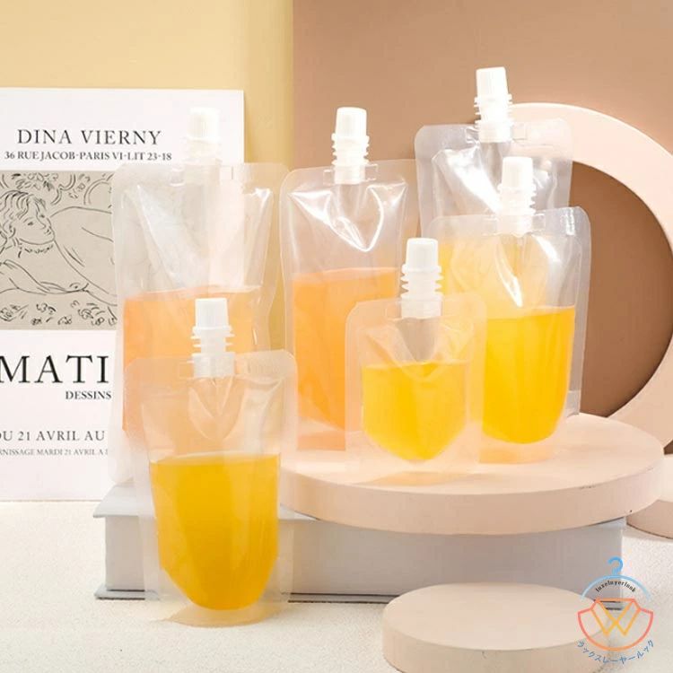 iHOLONのパウチ ふた付 500枚入り スパウトパウチ 透明 30ml 50ml 100ml 150ml 200ml 250ml 300ml 380ml 500ml スタンドパック 液体容器 注ぎ口｜アングル3