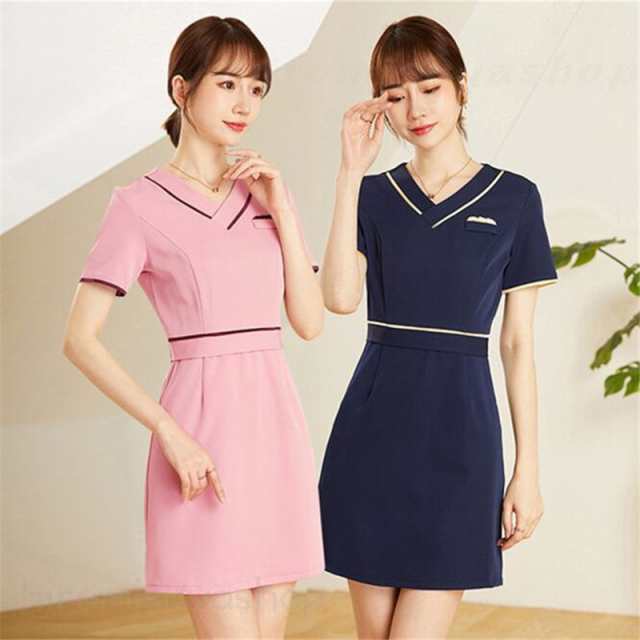 ユニフォーム レディース ワンピース 半袖 七分袖 Vネック 通勤 エステユニフォーム 美容 マッサージ 女性 制服 サロン エ