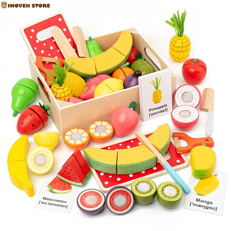 おままごとセット 木製 キッチン おもちゃ 木製フルーツカットトイ - 木の玩具 大容量 フルーツ 切れるままごと｜収納付き 色分け学習｜女の子 男の子 誕生日プレゼント モンテッソーリ 知育玩具【海外通販】