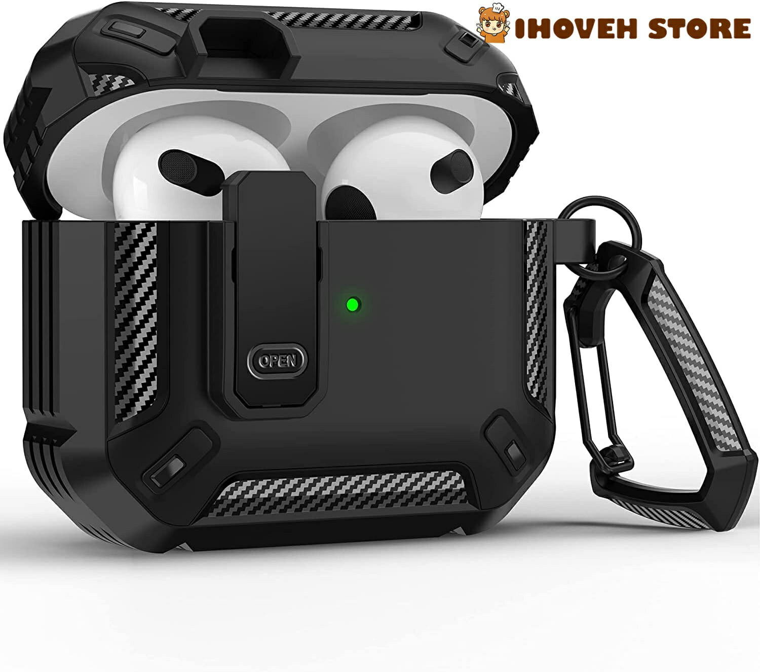 AirPods 4対応 ケース 安全ロック付けAirPods 第四世代対応ケース カラビナループ付きスプリットデザイン ロック式保護アーマー付きハードケース TPU素材 全方位落下保護 ワイヤレス充電対応 耐落下/耐衝撃/耐傷/防塵 (ブラック)【海外通販】