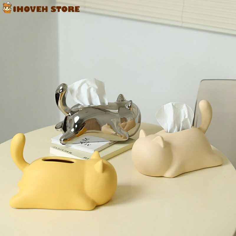 IHOVEN STOREの【手作り風 猫モチーフ】陶磁器 ティッシュボックス 紙箱 インテリア 置物 シルバー/薄黄色/ブラック/濃黄色 約15×24.8cm【海外通販】｜アングル2