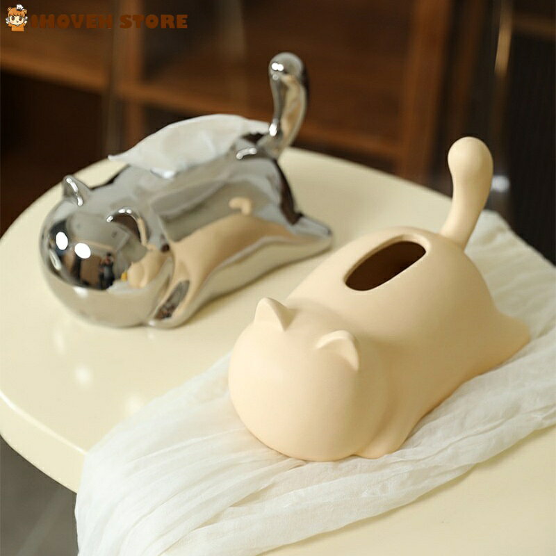 IHOVEN STOREの【手作り風 猫モチーフ】陶磁器 ティッシュボックス 紙箱 インテリア 置物 シルバー/薄黄色/ブラック/濃黄色 約15×24.8cm【海外通販】｜アングル3