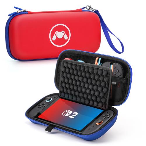 2025 に登場した、最も強力な保護ケースケース対応機種 Switch 2, スイッチ2ケース 収納バッグ, 画面保護のためのドット付きハニカムパネル 防塵 防水 耐衝撃 大容量 ゲームカード10枚コントローラー/カード/ドック/ケーブル 持ち運び便利 外出/旅行用 (レッド)