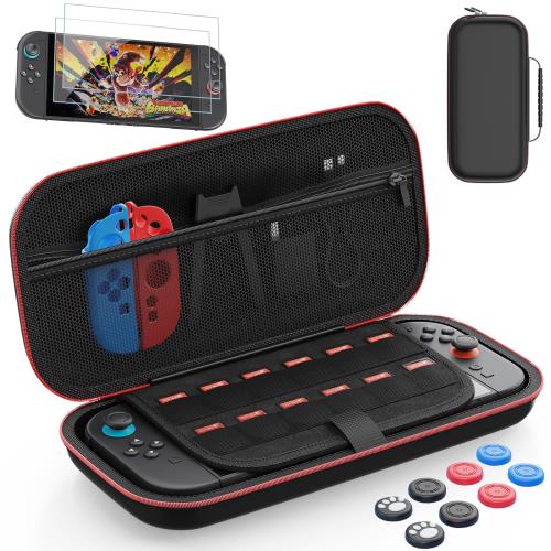 Switch 2対応 収納ケース 2025年新型（7.9インチ画面対応）後付け強化フィルムとハンドルキャップ付き 2025年新型専用保護バッグ EVA素材 ハードシェル 大容量 軽量 防水 防塵 防振，本体・コントローラー・アクセサリー収納可 ブラック