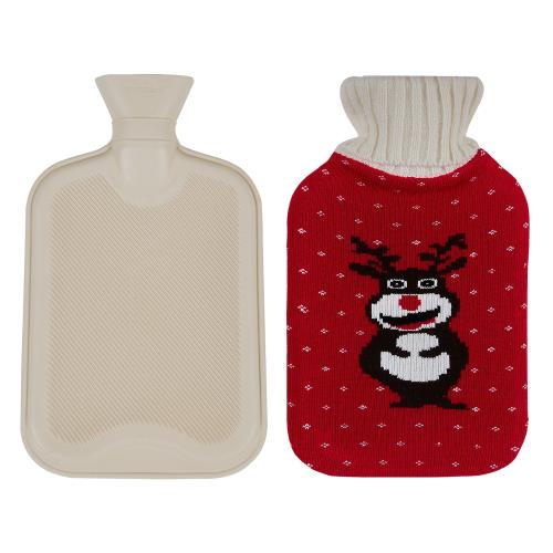VECELO 湯たんぽ ゆたんぽ 注水式 お湯入れ 電気不要 防寒グッズ 安眠グッズ 腹痛緩和 生理期最適 洗濯可能 容量1.8L かわいい レッドトナカイ