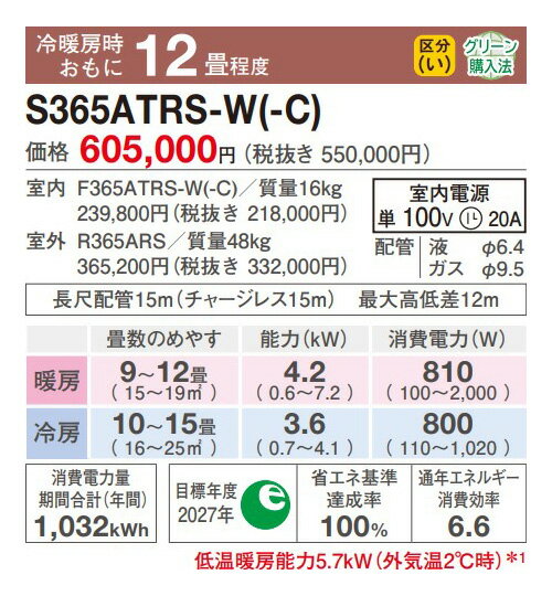 ###ダイキン ルームエアコン【S365ATRS C】ベージュ 2025年 RXシリーズ 室内電源 単相100V 12畳程度 (旧品番 S364ATRS C)