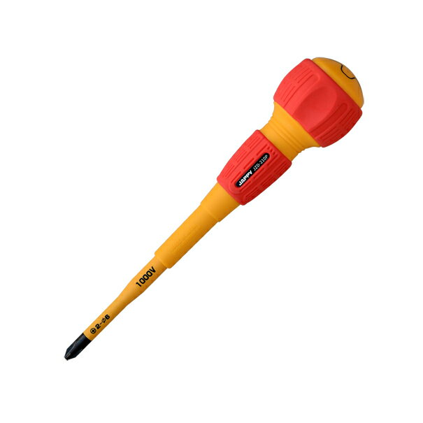 ●全長：198mm ●軸長：100mm ●先端露出：15mm ●軸径：φ6mm ●質量：87g ●先端サイズ：＋（NO.2） ●適合サイズ：M3〜M5 ●材質（軸部）：CRV-N ●仕上げ（軸部）：黒染め・ラッカー ●材質（グリップ・絶縁カバー）：PP ●耐電圧：1000V ●通電状態でのドライバー作業時に安全にご使用いただけます ●先端がスリムなため狭い箇所でも楽に作業が可能 ●トーション（軸ねじれ）効果でネジなめしにくい ●先端マグネット付き ●絶縁体電圧試験済 ●先端がスリムなため、狭い箇所でも楽々作業！