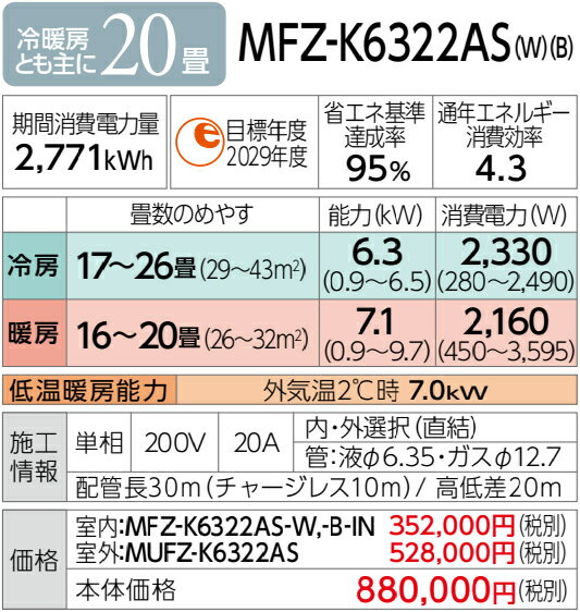 π●三菱 ハウジングエアコン【MFZ-K6322AS W】ホワイト 床置形 Kシリーズ 霧ヶ峰 単相200V 主に20畳 (旧品番 MFZ-K6317AS W)〔IA〕