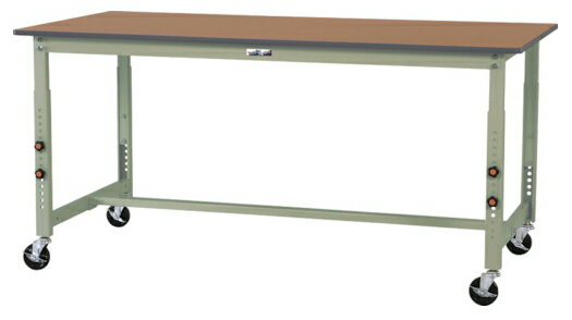 ●u.ヤマキン/山金工業【SWPAC-775-MG】ワークテーブル 300シリーズ 高さ調整タイプ 移動式 ポリエステル天板(木目柄) グリーン 組立式