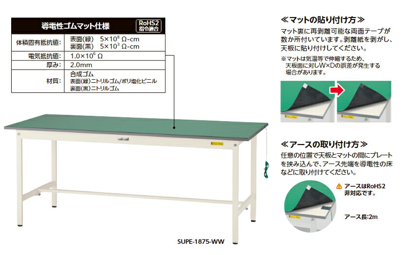 ●u.ヤマキン/山金工業 【SUPEA-1875T-WW】ワークテーブル 150シリーズ 導電性マット貼りタイプ 高さ調整タイプ H600mm〜H900mm 半面棚板付 組立式